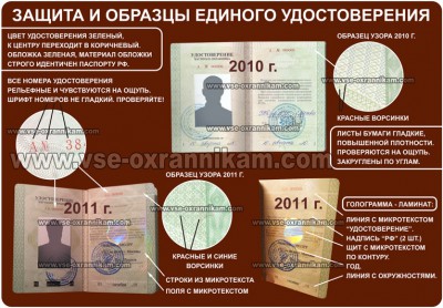 Удостоверение включает в себя 22 страницы, содержит сведения о подготовке охранника, его квалификации, выборочно его паспортные данные, а также обязательную голографическую ламинацию 2й страницы нового образца с годом выдачи и личный номер серии А.